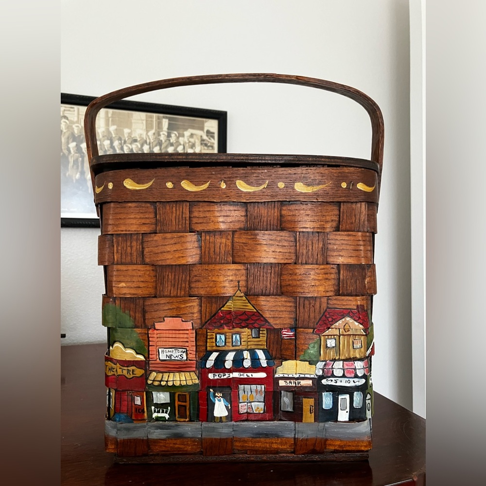 Vintage Basket Purse Handpainted Store Front Village Scene